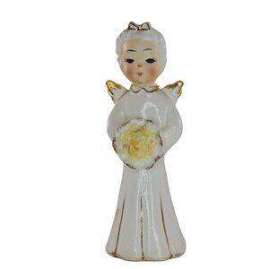 Vintage Ceramic Angel Figurine Holding Flower 4.75" Tall Japan
